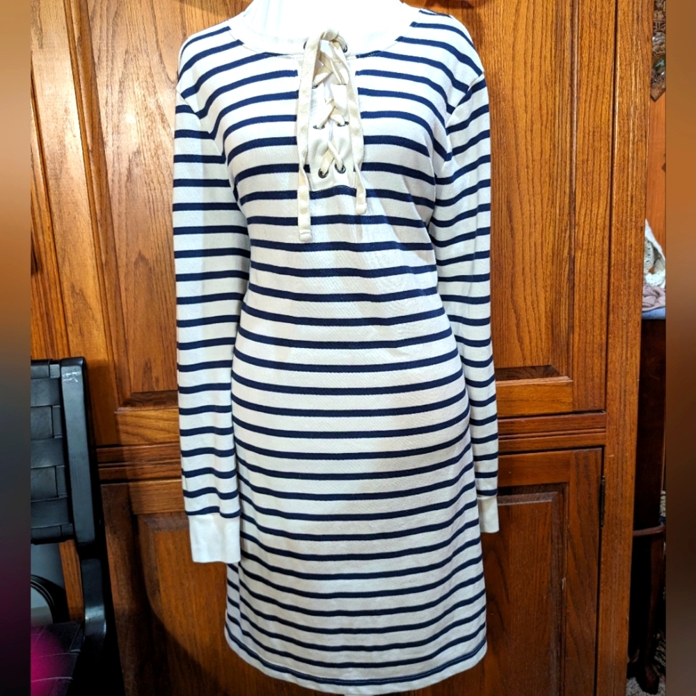 Old Navy L navy stripe knit sweatshirt dress long sleeve midi length rope detail